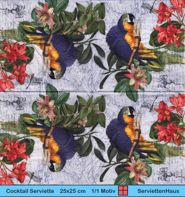 Papagei Ara mit Libelle und Blumen - 1 Cocktail Serviette